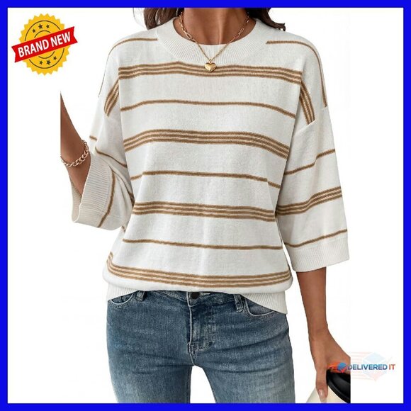 Sweaters - Oversized 3/4 Sleeve Striped Crewneck Lightweight Knit Pullover Sweater
